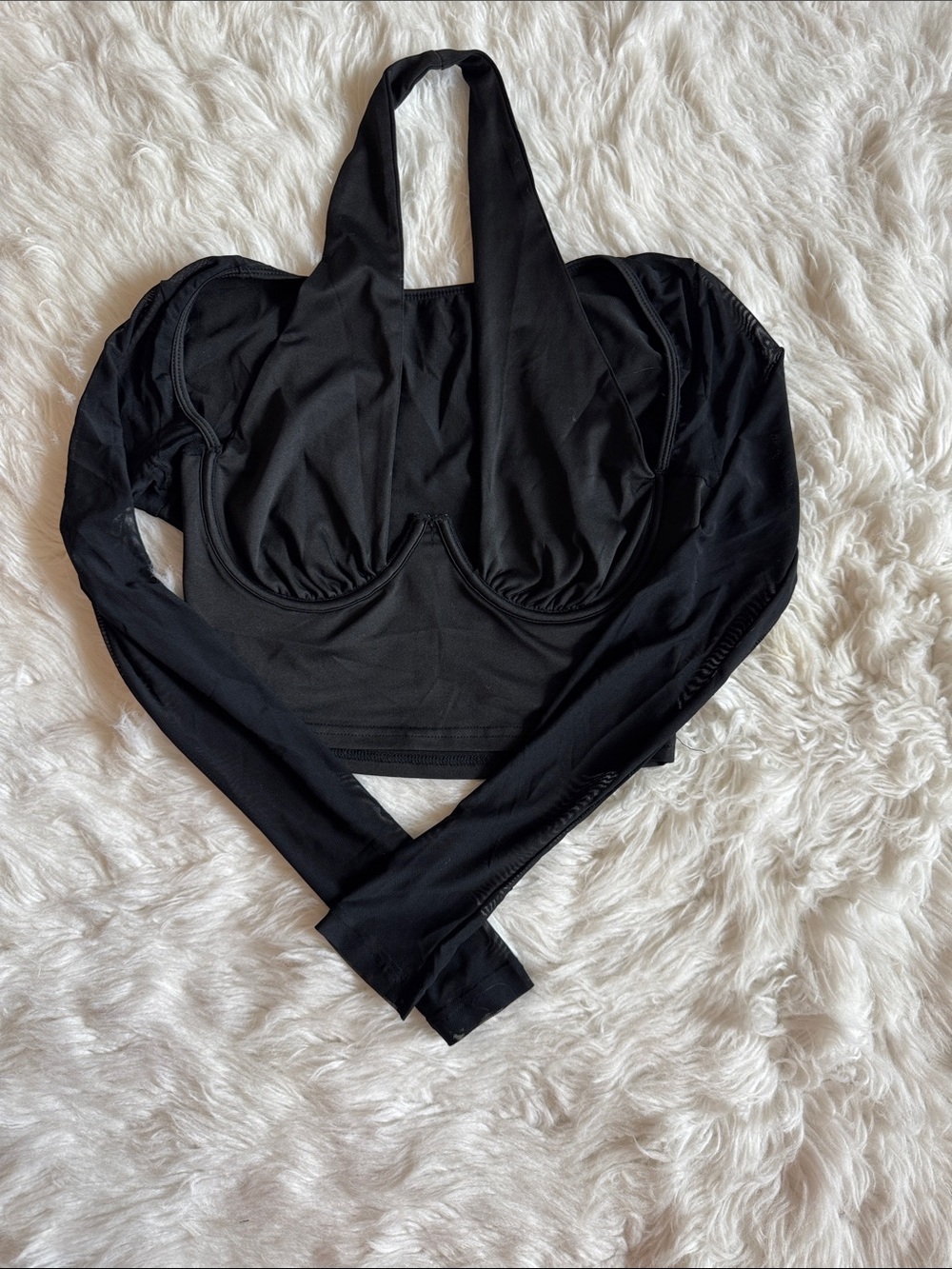 SHEIN Black Halter Long Sleeve Crop Top with Underwire